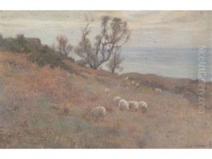 Sea View, Runswick Bay?, With Cottage And Trees, Sheep In The Foreground by Frederick William Jackson
