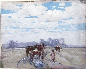 Winterlandschaft Mit Fuchs; Bauern Mit Pferdekarren In Der Einode by Julius Jacob the Younger