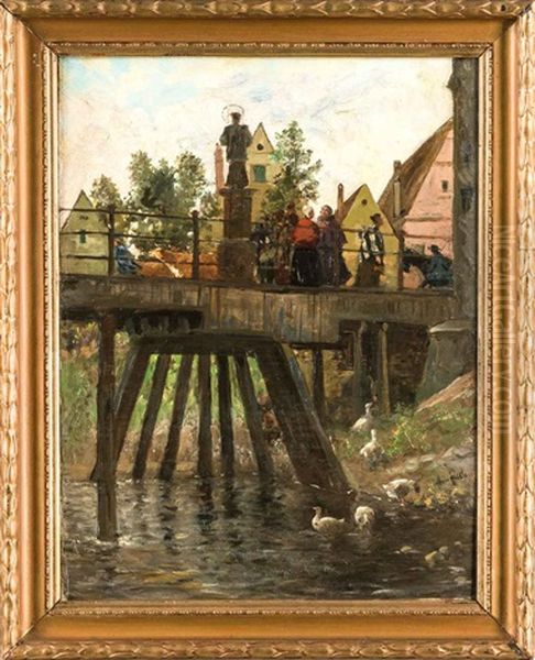 Dorfliche Brucke Mit Einer Figur Des Johannes Nepomuk, Vieh- U. Figurenstaffage - view 1