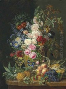 Roses, Carnations, Sweet William And Other Flowers In An Alabaster Vase, With Pineapples And A Basket Of Fruit And Vegetables, On A Marble Ledge by Moise Jacobber