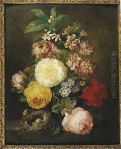 Nature Morte Au Vase De Fleurs Et Nid D'oiseau Sur Un Entablement