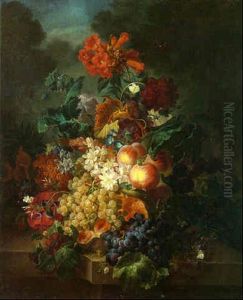 Flowers Together With Fruit On A Ledge With Butterflies Hovering And A Landscape Beyond