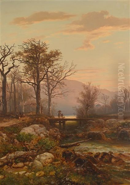 Flusslandschaft Mit Staffage Im Abendrot - view 1
