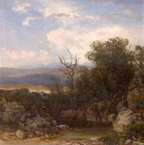 Fels Und Baumgesaumtes Gewasser Vor Weiter, In Die Tiefe Gestaffelter Berglandschaft Fels Und Baumgesaumtes Gewasser Vor Weiter, In Die Tiefe Gestaffelter Berglandschaft