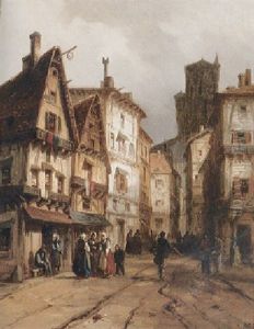 Blick In Eine Alte Strase Mit Zahlreichen Passanten Und Prachtvollen Mittelalterlichen Hausern