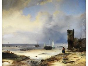 Niederlandischer Strand Mit Fischerbooten Und Einer Leuchtturmmauer by Albrecht Michael Jacob Jacobs