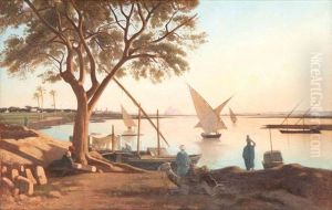 Personnages Au Bord Du Nil, Les Pyramides De Gizeh A L'arriere-plan