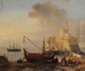 Vue De Port Au Nord D"afrique Avec Trois-mats Amarre Pres D"un Chateau- Fort Avec Phare