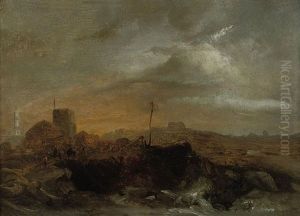A Camel Train Before A Coastal Settlement