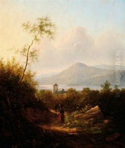 Figures On A Road In A Vast Mountain Landscape, The Background With A Mountain Lake