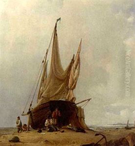 Figures By A Beached Sailing Vessel