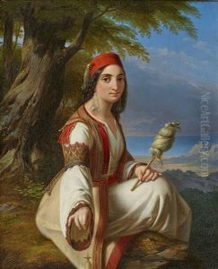 A Greek Woman With A Spindle In Coastal Landscape by Paul Emil Jacobs