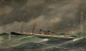 Le Paquebot "la Normandie" A Sec De Voiles by Antonio Nicolo Gasparo Jacobsen