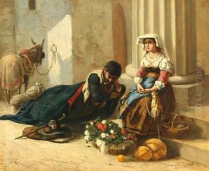 A Roman Flower Seller And A Resting Donkey Rider
