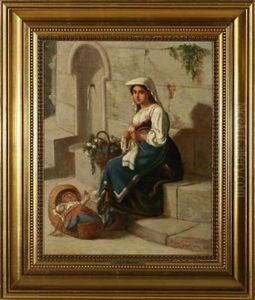 Young Italian Mother Knitting Near A Fountain