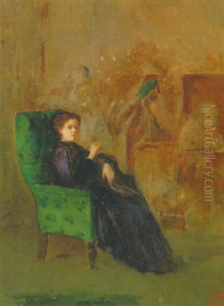 Interior Med Siddende Ung Dame I Gron Laenestol Antagelig Fra Kunstnerens Atelier I Paris - view 1