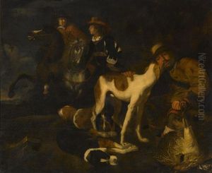 Huntsmen And Dogs In A Landscape by Juriaen Jacobsen