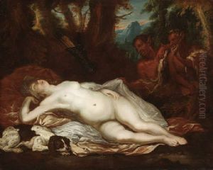 Zwei Sartyren Betrachten Die In Einer Waldlandschaft Schlafende Diana by Juriaen Jacobsen