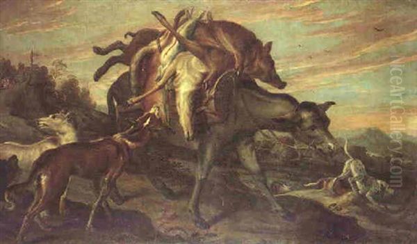 A Mule Laden With Dead Game Surrounded By Hounds, A Hunting Party Beyond - view 1