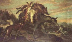 A Mule Laden With Dead Game Surrounded By Hounds, A Hunting Party Beyond by Juriaen Jacobsen