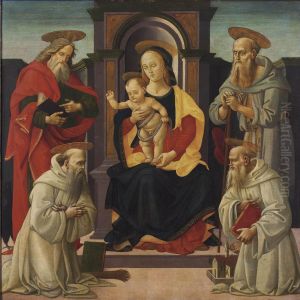 The Madonna And Child Enthroned With Saints John The Evangelist And Jerome, And Two Benedictine Saints by Bartolomeo Di Giovanni