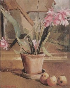 Stilleben Mit Kaktus Und Apfeln Auf Fensterbank Mit Durchblick Ins Freie by Rudolph Jacobsen