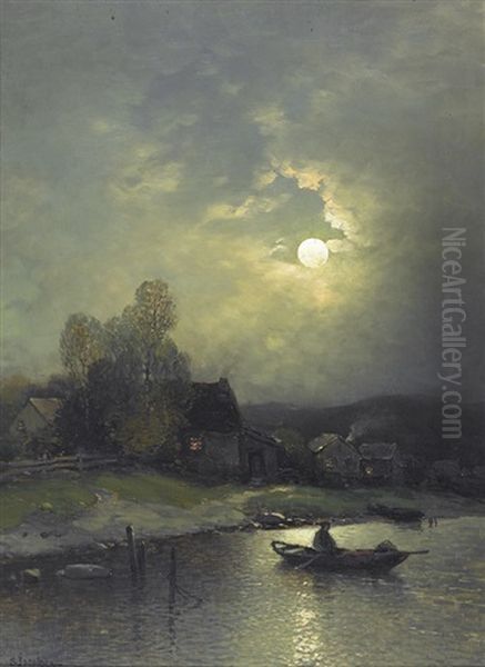 Flusslandschaft Mit Ruderer Im Mondschein - view 1