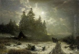 Winterliche Schlittenfahrt Bei Mondschein