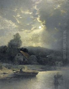 Uferlandschaft Im Mondschein Mit Ruderboot by Sophus Jacobsen