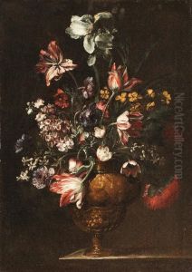 Tulips, Roses, Carnations And Other Flowers In Bronze Vases Onstone Ledges by Bartolome Perez