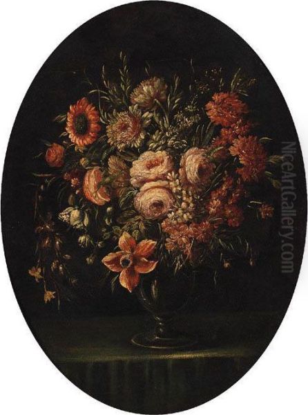 Roses, Carnations, Tulips And Other Flowers In A Glass Vase On Aledge - view 1
