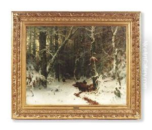 Wildschweinrotte Im Unterholz Eines Tief Verschneiten Waldes by Sophus Jacobsen