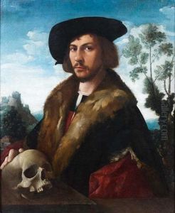 Portrait D'homme En Buste La Main Posee Sur Un Crane Devant Un Paysage