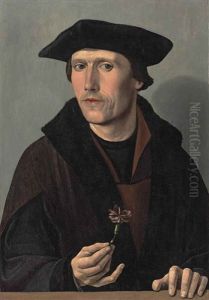 Portrait Of A Man, Half-length, In Black And Brown Robes, Holding A Carnation by Dirck Jacobsz