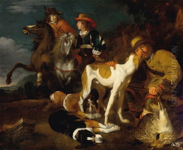 Two Riders And A Huntsman With Dogs And His Kill In A Landscape - view 1