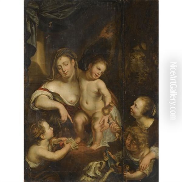 A Mother And Her Daughter, With Other Children Playing Around Them - view 1