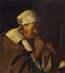 An Old Woman Playing A Flute by Lambert Jacobsz