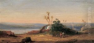 Orientalische Landschaft Mit Blick Auf Eine Stadt Und Zwei Wanderern Im Vordergrund Orientalische Landschaft Mit Blick Auf Eine Stadt Und Zwei Wanderern Im Vordergrund