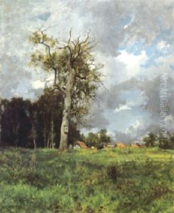 A View Of A Village With A Figure By A Tree In The Foreground And A Storm Threatening