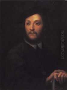 Portrait Of A Man In A Dark Grey Coat And A Black Cap, His Hand Resting On A Book by (Jacone) Jacopo di Giovanni di Francesco