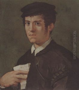 Portrait Of A Man Wearing A Black Cap And Doublet, Holding A Sheet Of Music by (Jacone) Jacopo di Giovanni di Francesco