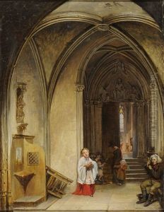 Scene Animee Dans L'eglise by Claudius Jacquand
