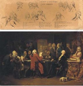 Voltaire Au Cabinet De Lecture Chez Procope (+ Les Figures Principales Du Cabinet, Pencil Study; 2 Works) by Claudius Jacquand