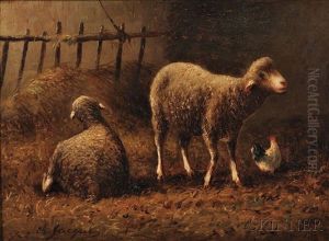 Two Sheep In A Barn Interior by Charles Emile Jacque