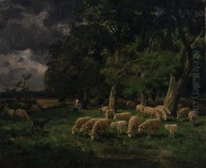 A Shepherdess Watching Her Flock by Charles Emile Jacque