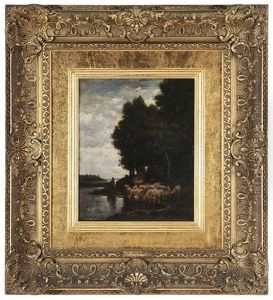 Shepherdess Watering Sheep By A River by Charles Emile Jacque