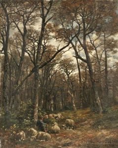 Shepherd And Flock In A Forest Glade
