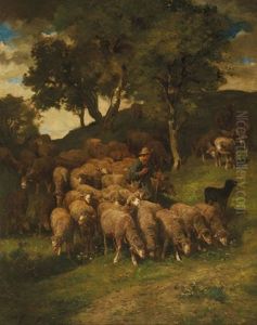 Berger Et Son Troupeau A Barbizon by Charles Emile Jacque