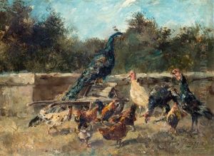 Hoenderhof Met Pauw, Kalkoenen En Kippen by Charles Emile Jacque