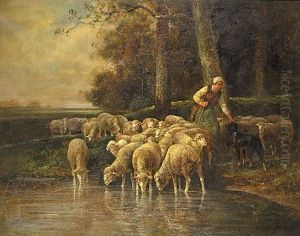 Untitled - Shepherd Watering The Flock by Charles Emile Jacque